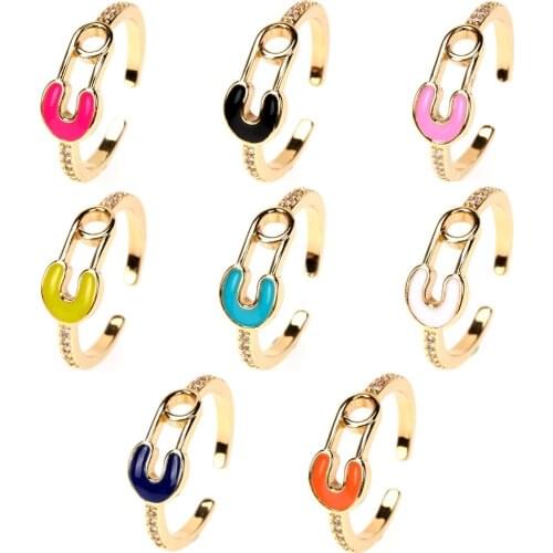 EYIKA Summer Colorful Neon Enamel Zircon Safety Pin Adjustable Open Ring for Women Girls Fluorescence Yellow Jewelry Party Gift