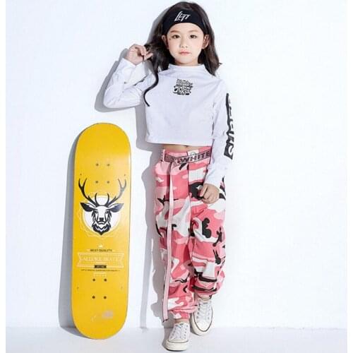 Girls hip hop sets dance crop tops mock neck white T shirt pink camouflage harem pants for jazz street dance wear