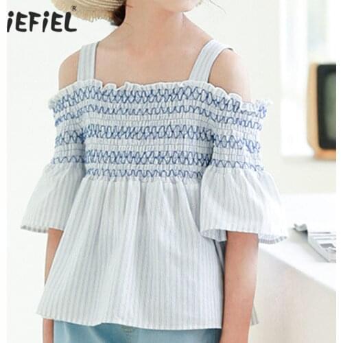 Summer Kids Teens Girls T-shirt Fashion Off Shoulder Top Children Cotton Casual Flared Short Sleeves Pleated Stripe Blouse Tops
