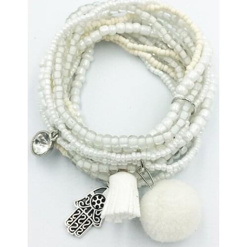 Summer friendship wrap hand shape ethnic multilayer tassel rhinestone crystal beads pom pom beaded bracelets for woman 2019