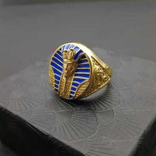 Stainless Steel Gold Blue Egyptian Pharaons Men Finger Ring Jewelry Cobra Pyramid Rings Jewelry Gift For Him Size 7-13