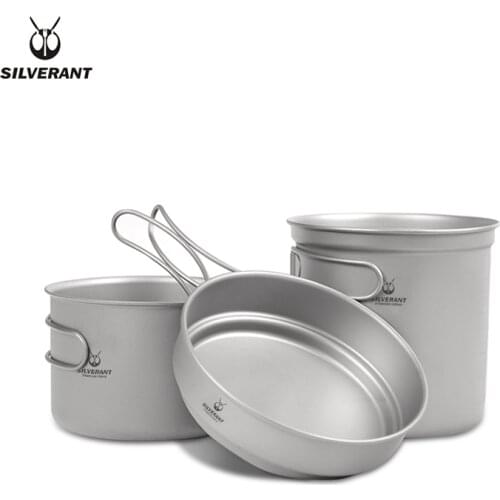 EDC Titanium Pot And Frying Pan Combination 3 Piece Set Outdoor Large Camping Cookware With Folding Handle For Travel Bushcraft