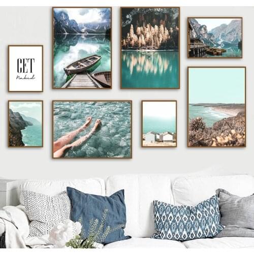 Lake Mountain Trees Boat House Quote Foot Wall Art Canvas Painting Nordic Posters And Prints Wall Pictures For Living Room Decor