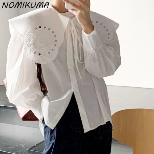 Nomikuma Bow Tie Peter Pan Collar Women Blouses Korean Chic Puff Sleeve Blusas Shirt Autumn 2021 New Sweet Top Mujer 6L844