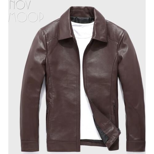 Novmoop Korean chic style men spring casual black sheepskin genuine leather coat turn-down collar jacket veste cuir homme LT3077