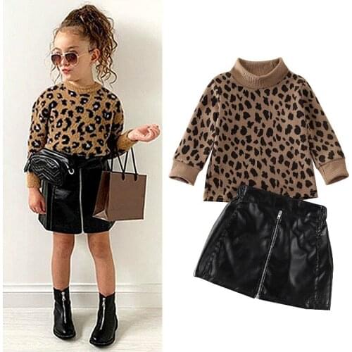 2020 Autumn Winter Kids Baby Girls Clothes Set Child Long Sleeve Leopard Tops Sweaters + PU Leather Mini Skirts Outfits 1-6Y