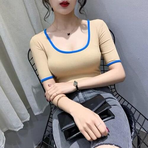 Sexy White Tops For Women Summer 2021 Fashion New Blouses 90s Clothes Vintage Knit Cropped T Shirt Y2k Black Crop Top