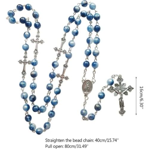 Q9QF Blue Acrylic Rosary Necklace Long Cross Pendant Catholic Christian Necklace Religious Jewelry for Men Women