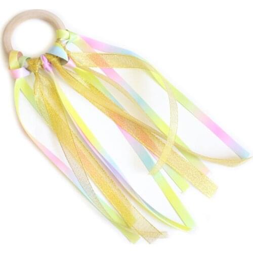 Rainbow Natural Wooden Ribbon Ring Baby Teething Teether Newborn Sensory Toys 24BE