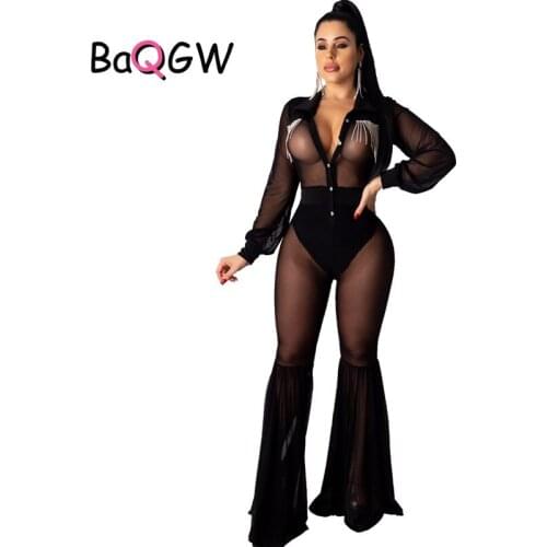 BaQGW Mesh Sexy Jumpsuits Women 2020 Autumn Long Sleeve Diamond Patchwork Transparent Black Skinny Flare Pants Jumpsuit Outfit