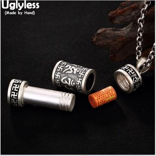 Uglyless Real 999 Fine Silver Handmade Cylinder Open Gaudencio Box Pendants without Chains Buddhism Mantra Jewelry Unisex Bijoux