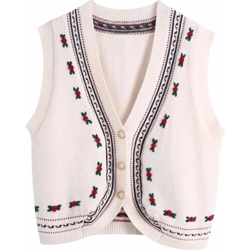 V-neck Button Front Embroidery Cute Vintage Sweater Vest Tank Top