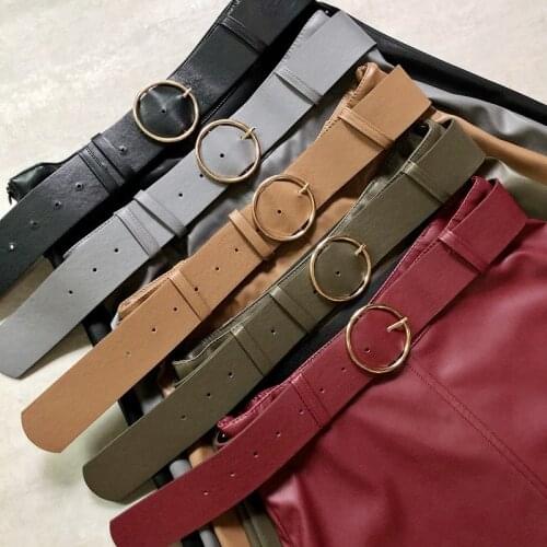 2020 New Style Autumn Winter Pu Leather Skirt Skirt Metal Splicing A- line Skirt womens within belt midi PU Leather Skirt Women