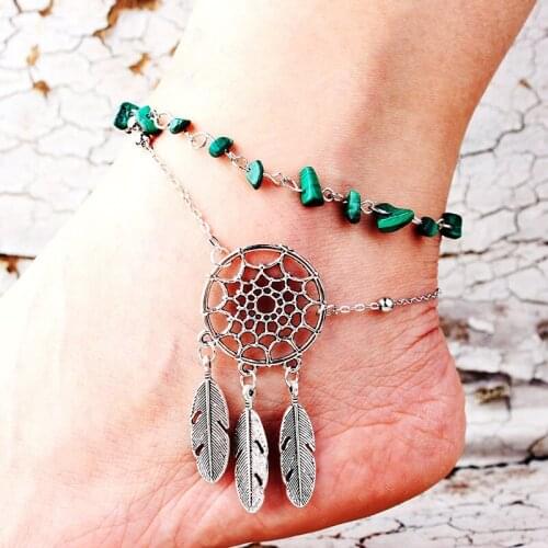 Dream Catcher Feather Anklet for Women Gothic Fashion Irregular Green Crystal Handmade Jewelry Summer Foot Accessories Wholesale
