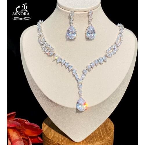 ASNORA New Design 3A High Quality Cubic Zirconia Water Drop Royal Bride Wedding Evening Earrings Necklace Jewelry Set Female