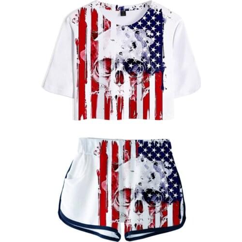 Skull Eagle USA National Flag Cosplay Costume Girls Sexy club outfits Two Piece Set Women Shorts And T-shirt Tracksuit Clothes