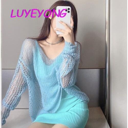 Korean Fashion Cloth Lady Thin Hollow Out Pullover Long Sleeve Sweaters Solid Light Blue Girl Loose Casual Sweater Autumn Sweet