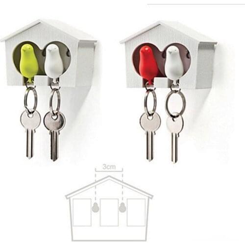 2Pcs Bird Keychain + 1Pc Sparrow Birdhouse Home Wall Mount Key Ring Holder Decor
