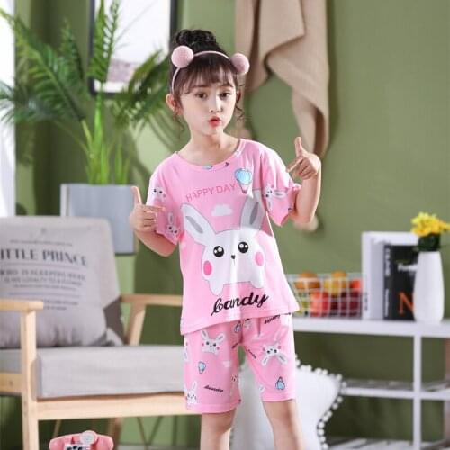 2022 Pink Big Girls Clothing Sleeping Pajamas Set Short Sleeve Cotton Home Suit Boys Cute Cartoon Underwear age 2 to 14 Y Wear