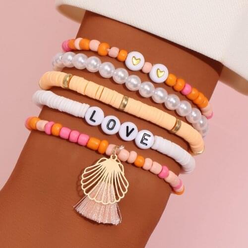 5pcs/set Creative Heart Bracelets Gold Color Beaded Heishi Bracelet for Women Polymer Clay LOVE Letter Jewelry Wholesale