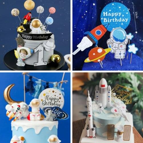 Astronaut Birthday Cake Topper Travel Space Theme Astronauta Rocket Spaceship Toy Ornaments Cake Decoration Boy Birthday Gift