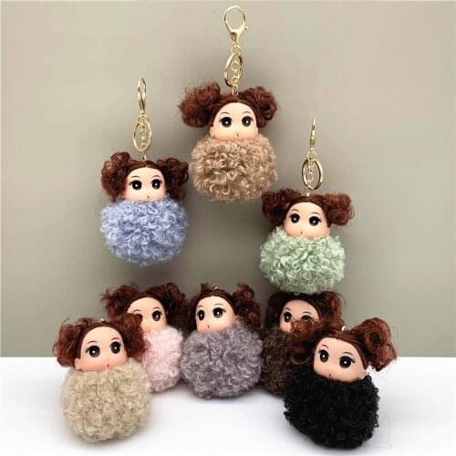 Cute Sleeping doll Fur Key chain Car Keychain Pom Pom Curly hair doll plush ball doll Bag charm Cute Car Key Ring Jewelry K4213
