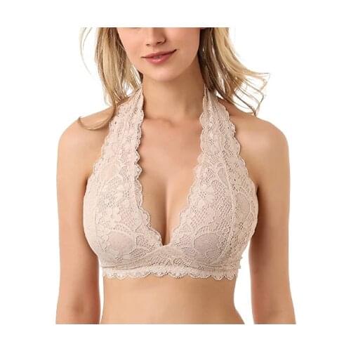 Sexy Floral Lace Halter Bra Bralette Wirefree Lace Bra Top Hook and Eye Closure Back Unpadded