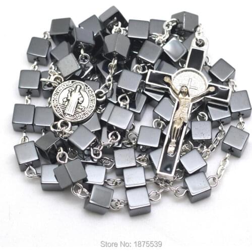 Black 6 mm Square Hematite Bead Rosary Necklaces St Benedict Crucifix and Rosary Medal