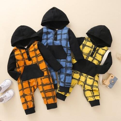 Children clothing new autumn and winter male baby one-piece romper plaid printed hooded one-piece baby clothes three-color