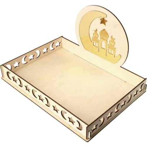 FQYL Ramadan Wooden Tableware Tray, Artistic Eid Mubarak Party Serving Tray Moon Star Shape for Dessert Display Holder Decor