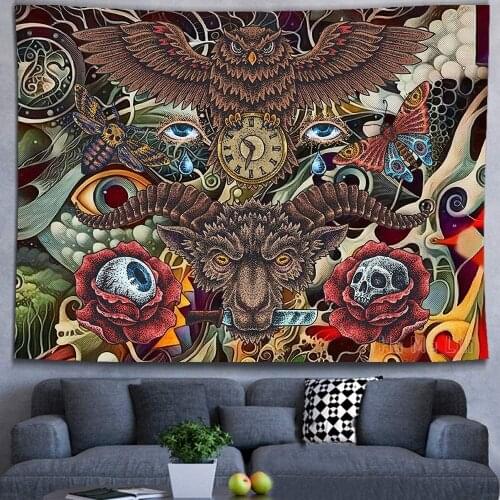Gothic Goat Owl Tapestry Emperor Moth Rose Skull Psychedelic Eyes Wall Hanging Clock Animal
