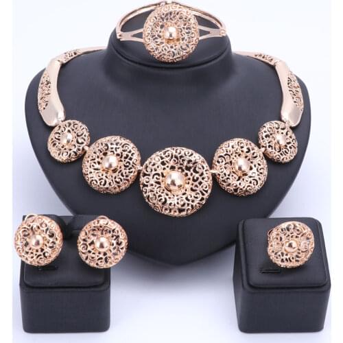 OUHE Nigerian Beads Wedding Jewelry Set Bridal Dubai Gold Color Necklace Earring Ring Jewelry Sets African Beads Jewelry Set