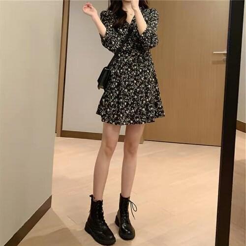 Korean Fashion Summer Dress Women 2021 Fashion Chiffon Floral Dress French Style High Waist Flare Sleeve V-Neck Mini Dresses