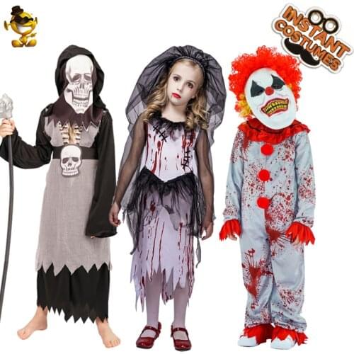 QLQ Boy Skeleton Costume Cosplay Kids Blood Clown Jumpsuit Fancy Dress Girl Bloody Bride Costumes Kids Halloween Party