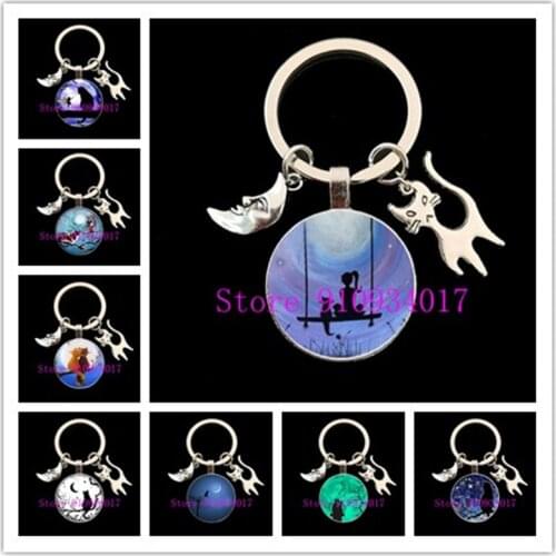 Cute Anime Cat Under Night Sky Keychain with Cat Pendent Fashion Animal Women Purse Bag Car Pendant Key Chain Ring Holder