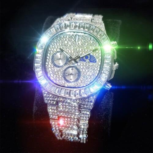 Missfox Premium Platinum Watch Man Iced Out Moon Phase Chronograph Quartz Men Watch Fashion Waterproof Wrist Watches Man Party