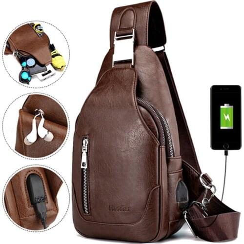 Fashion Men Anti-theft Messenger Bag PU Leather Sling Bag For Men USB Backbag With Headphone Hole Men Travel Shoulder Bags Bolsa