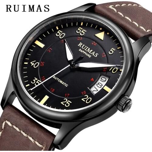 Fashion Japan Automatic Movt Watch Men Leather Strap Business Mechanical Watches RUIMAS Male Clock Wristwatches Erkek Kol Saati