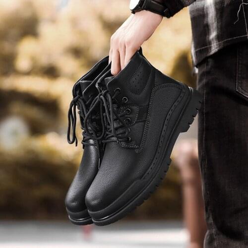 Autumn Winter New Martin Boots Men High Top Tooling Shoes Ankle Botas Hombre Black Comfortable&Warm Fur Leather Boots Size 38-45