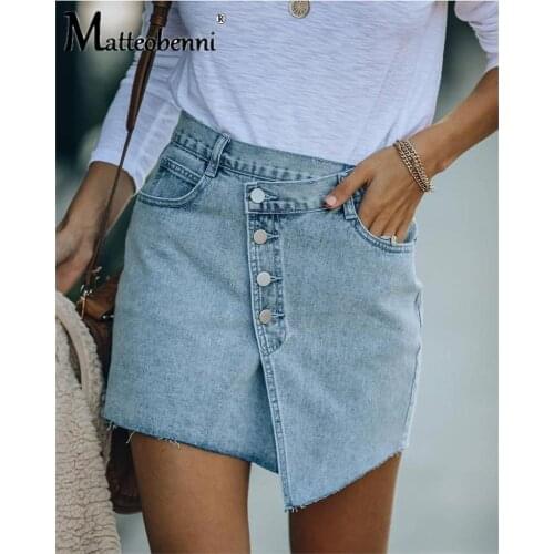 New Fashion Womens Skirt Bag Hip Sexy Ladies Denim Asymmetrical Ruffles Elegant Ladies Slim Fit Button Sheath Pocket Clothing