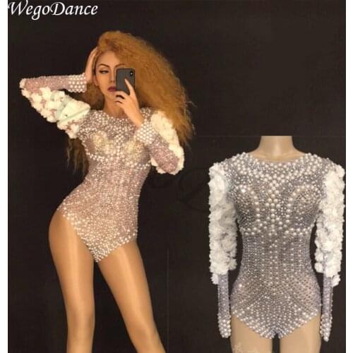 New sexy Womens Sparkly Rhinestone Pearls Bodysuit Birthday Celebrate Stage Singer Dance DS Show Nightclub costume freeshipping