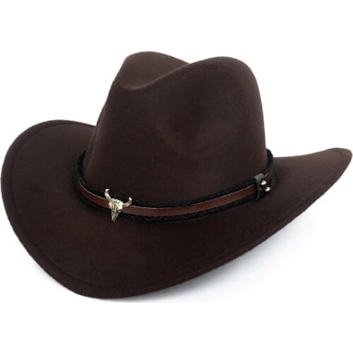 Bull Head Badge Solid Color Ribbon Band Belt Women Men Wide Brim Felt Cowboy Cap Vintage British Elegant Jazz Winter Fedora Hat