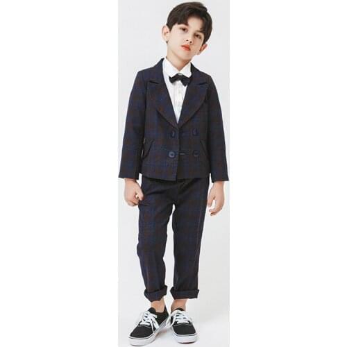 Boys Formal Plaid Double breasted Jacket +Pants 2PCS Wedding Suit Children Party Kids Costume Gentlemen Teenager Tuxedos Set