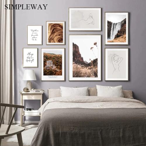 Autumn Nature Landscape Canvas Print Painting Nordic Line Drawing Abstract Women Poster Text Quotes Wall Art Picture Home Decor