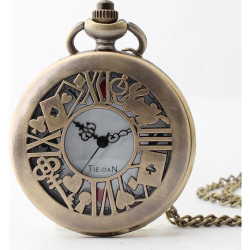 Cartoon Alice Girl Clock Necklace For Women Girl Bronze Long Chain Round Watch Pendant Alice In Wonderland Movie Jewelry Collare