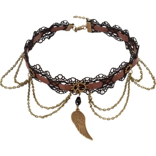 Steampunk Necklace Gothic Choker Lace Leather Chain Wings Pendant
