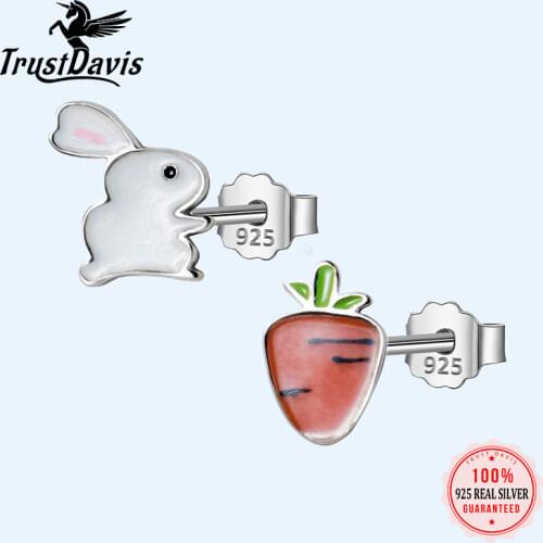 Trusta 100% 925 Sterling Silver Fashion Cute Small Glaze Rabbit Turnip Stud Earrings Gift For School Girls Teen Lady DS155