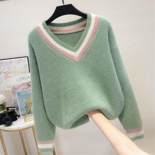 2020 Korean Women Retro Knitted Sweater New V-Neck Full Patchwork Thick Loose Casual Autumn Winter Female Fashion Pullover A223