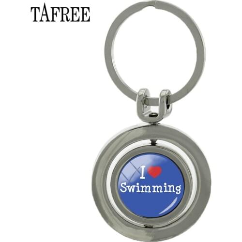 TAFREE Rotating I Love Swimming Keychain Double Sides Glass Cabochon Rotatable Key Chian Rings Holder Sp416
