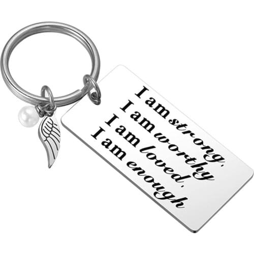 I Am Strong I Am Worthy I Am Loved I Am Enough Keychain Wings Pearl Charms Motivational Inspirational Faith Gift for Friend Son